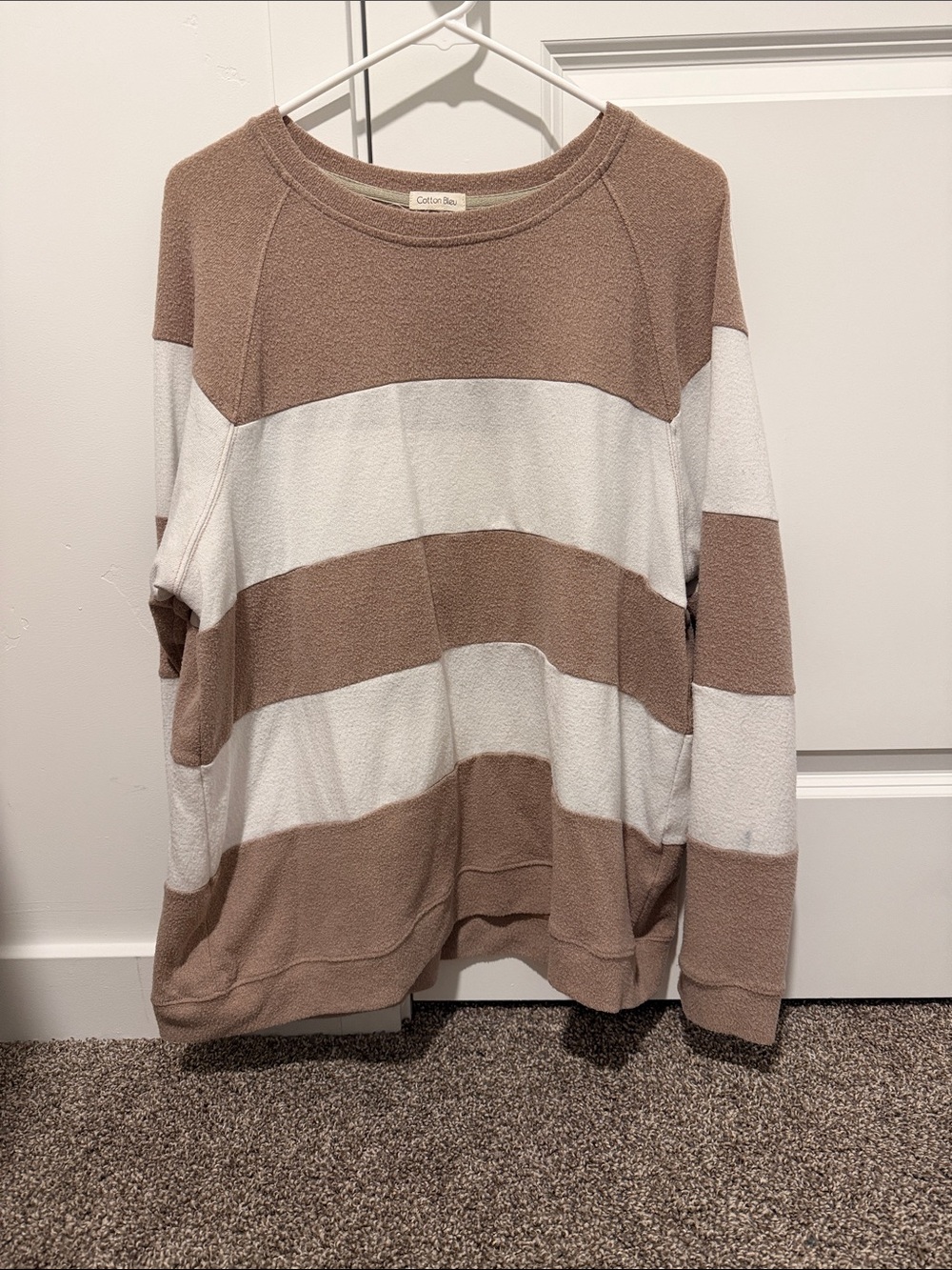 Casual Crewneck Stripe Sweater in Cream and Tan by Cotton Bleu